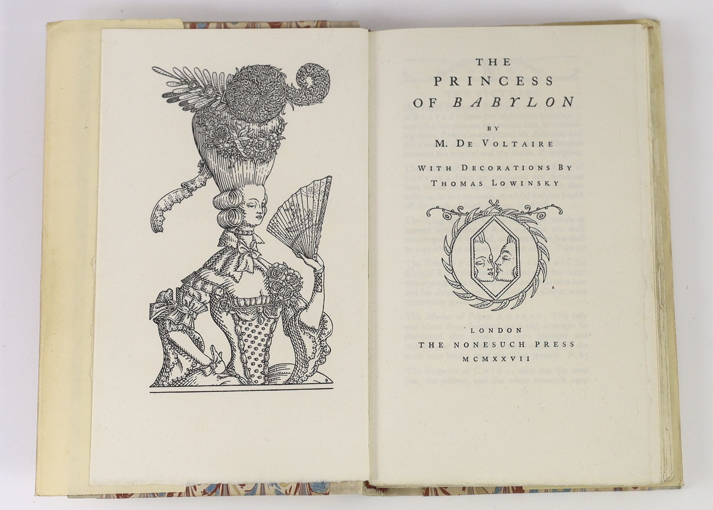 Nonesuch Press - Voltaire, M. De - The Princess of Babylon, one of 1500, illustrated with 10 plates by Thomas Lewinsky, 8vo, quarter vellum with marbled boards, London, 1927, with later slip case.